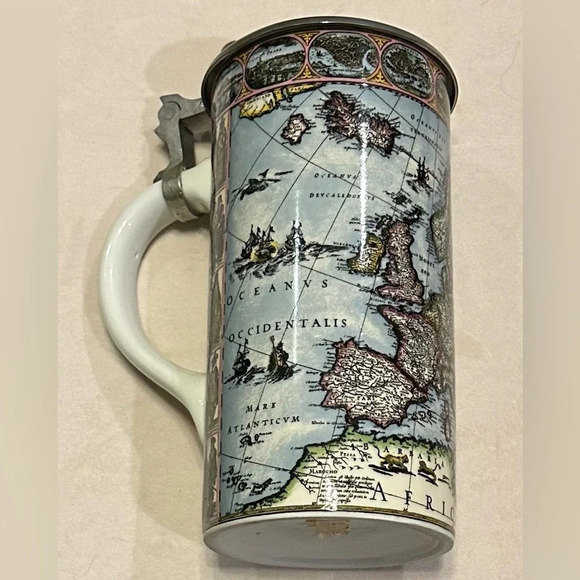 Old World Map Pewter Lidded Tankard with Guglielmo Blacuw Map excellent used con - Picture 3 of 15